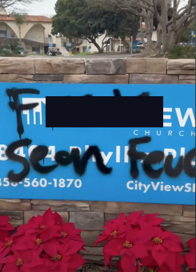 The wall and property around the church where Sean Feucht was to perform were vandalized.