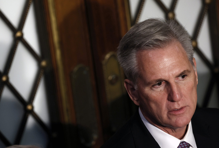 U.S. House Republican Leader Kevin McCarthy, R-Calif., listens in the House Chamber during the second day of elections for Speaker of the House at the U.S. Capitol Building on January 04, 2023 in Washington, D.C. 