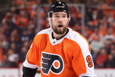 Ivan Provorov of the Philadelphia Flyers plays in a game against the New Jersey Devils at Wells Fargo Center on October 13, 2022 in Philadelphia, Pennsylvania. 