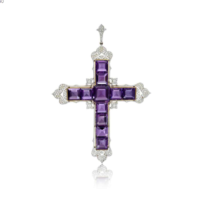 Sotheby's Catalogue description: Garrard | Amethyst and diamond pendant, circa 1920 The Fleurée cross set with square-cut amethyst and accented by circular-cut diamonds. 