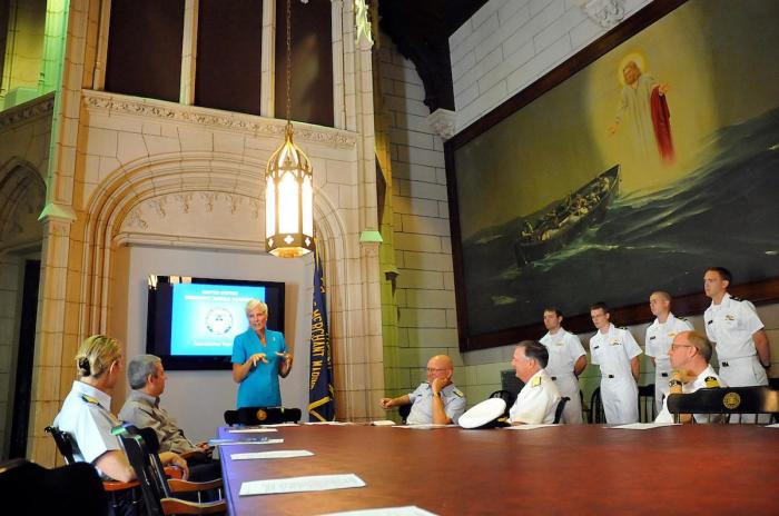 This image from the U.S. Coast Guard shows a massive painting of Jesus in the United States Merchant Marine Academy’s administrative building.