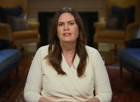 Sarah Huckabee Sanders delivers the GOP rebuttal following President Joe Biden's State of the Union address on Feb. 7, 2023, from Little Rock, Arkansas. 