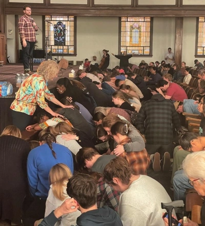 Students at Hughes Auditorium during revival at Asbury University