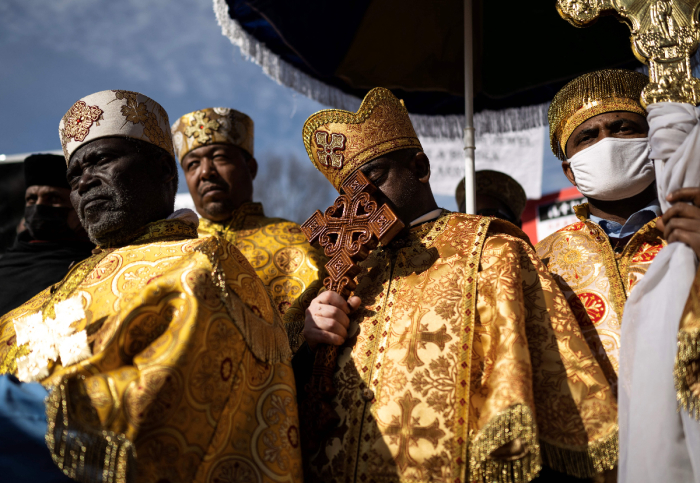 Religious members from the Ethiopian community gather to call for religious freedom in Ethiopia in Washington, D.C., on Feb. 5, 2023. 