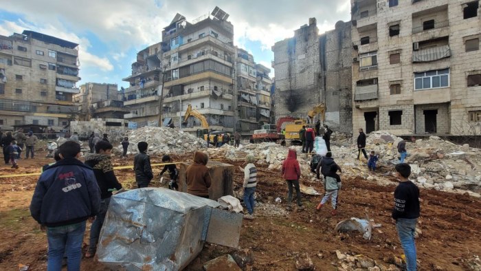 Aid workers conduct an assessment in Syria following the 7.8 magnitude earthquake that hit Turkey and Syria on Feb. 6, 2022.