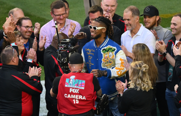 Buffalo Bills safety Damar Hamlin stands with the medical personnel that cared for him after he collapsed on-field earlier this year ahead of Super Bowl LVII between the Kansas City Chiefs and the Philadelphia Eagles at State Farm Stadium in Glendale, Arizona, on February 12, 2023. 