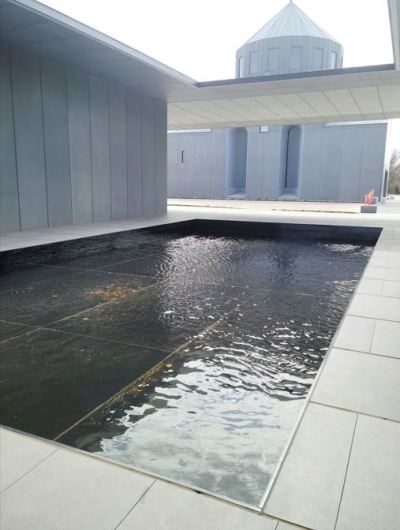 A reflecting pool in the courtyard of Saint Sarkis Armenian Church.