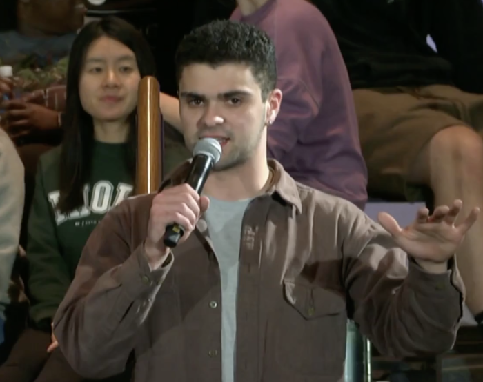 A student named A.J., who attends Indiana Wesleyan University, speaks at the Collegiate Day of Prayer event at Asbury University in Wilmore, Kentucky, on Thursday, Feb. 23, 2023.