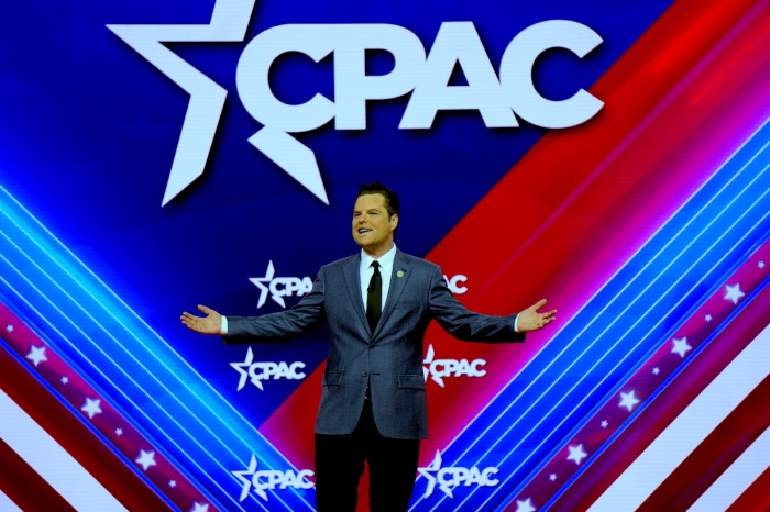 Florida Congressman Matt Gaetz speaks in a panel discussion at the Conservative Political Action Conference on March 3, 2023, at the Gaylord National Resort and Convention Center in Washington, D.C.