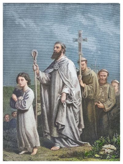 Old engraved illustration of Saint Patrick journeying to Tara to convert the Irish to Christianity in the 5th century AD.