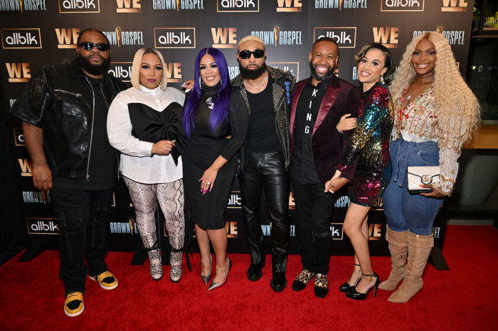 “Grown & Gospel' cast L to R: J. Brooks, Tasha Page-Lockhart, Nikkia Cole-Beach, Elijah Connor, Carlos King, Breeann Hammond and Shana Wilson-Williams. 