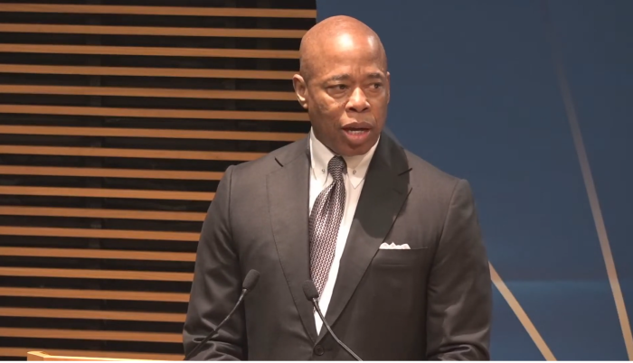 New York City Mayor Eric Adams speaks at a mental health faith-based summit hosted by the Mayor’s Office of Faith Based and Community Partnerships at the International Interfaith Research Lab at Teachers College, Columbia University.