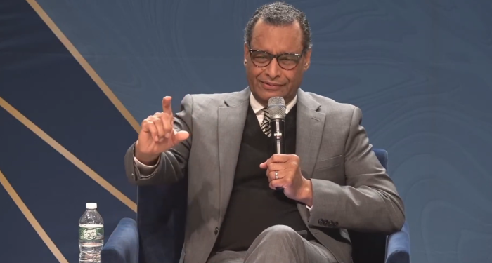 Pastor A.R. Bernard speaks at a mental health faith-based summit hosted by the Mayor’s Office of Faith-Based and Community Partnerships at the International Interfaith Research Lab at Teachers College, Columbia University on March 16, 2023.