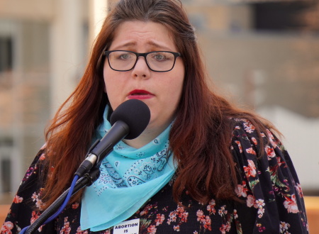 Lauren Handy, the director of activism at Progressive Anti-Abortion Uprising (PAAU), speaks during a March 2023 rally in Washington, D.C. 