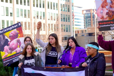 Demonstrators speak at the Progressive Anti-Abortion Uprising's press conference and demonstration outside the D.C. Board of Medicine office in Washington, D.C. on March 21, 2023. PAAU held a weeklong series of events to raise awareness and call for 'justice' about the five dead full-term aborted babies discovered by activists Terrisa Bukovinac and Lauren Handy last March. 