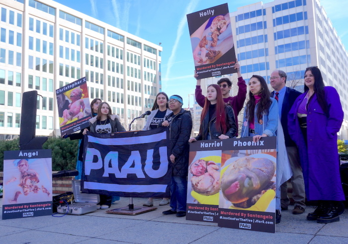 Demonstrators speak at the Progressive Anti-Abortion Uprising's press conference and demonstration outside the D.C. Board of Medicine office in Washington, D.C. on March 21, 2023. PAAU held a weeklong series of events to raise awareness and call for 'justice' about the five dead full-term aborted babies discovered by activists Terrisa Bukovinac and Lauren Handy last March. 