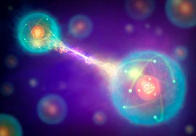 Quantum entanglement. Conceptual artwork of a pair of entangled quantum particles or events (left and right) interacting at a distance. Quantum entanglement is one of the consequences of quantum theory. Two particles will appear to be linked across space and time, with changes to one of the particles (such as an observation or measurement) affecting the other one. This instantaneous effect appears to be independent of both space and time, meaning that, in the quantum realm, effect may precede cause.