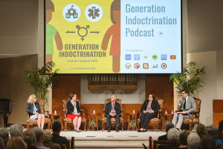 From left to right: Panelists Jennifer Lahl of the Center for Bioethics & Culture; Mary Hasson, a lawyer with the Ethics & Public Policy Center; Dr. Andre Van Mol; and Amie Ichikawa of Woman II Woman speak with moderator Brandon Showalter, a social commentator with The Christian Post at an event titled 'Unmasking Gender Ideology: Protecting Children, Confronting Transgenderism' at First Baptist Dallas in Dallas, Texas, on March 23, 2023. 