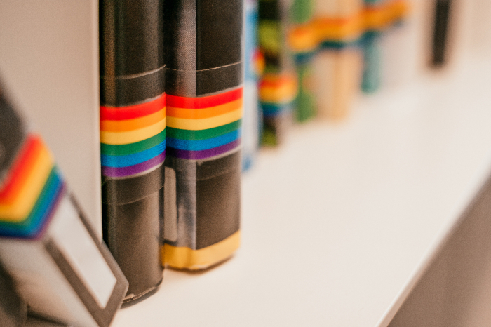 Books with rainbow-colored spines sit on the shelf.