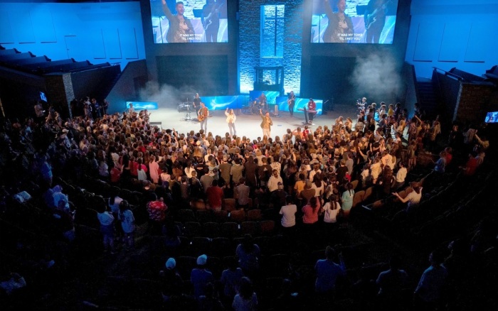 Attendees participate in a worship service at the Disciple Now gathering at New Hope Baptist Church of Fayetteville, Georgia on March 24-26, 2023. 