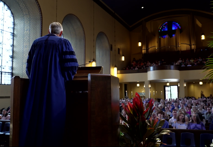 Rev. Jim Keck of First-Plymouth Congregational Church in Lincoln, Nebraska, preaches an Easter sermon on April 9, 2023. 