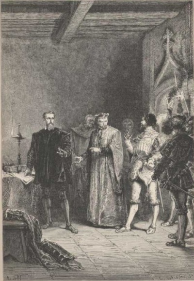 A 19th century depiction of Louis de Berquin (1492-1529), a French Protestant Reformation leader, being released from prison by John de la Barre. 