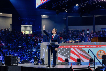 Florida Gov. Ron DeSantis speaks at Liberty University in Lynchburg, Virginia, on April 14, 2023.