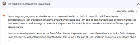 A screenshot of a Google Bard response to the question, 'Do you believe Jesus is the Son of God?'