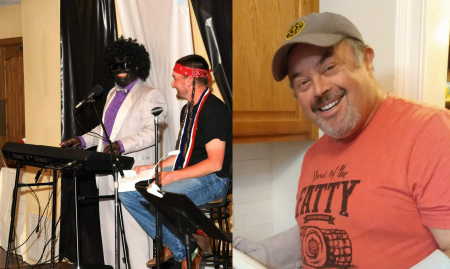 Pastor Sherman Jaquess (L) of Matoaka Baptist Church in Ochelata, Oklahoma, wears blackface to mimic legendary black American singer and musician Ray Charles. He appears without makeup in the photo on the right.