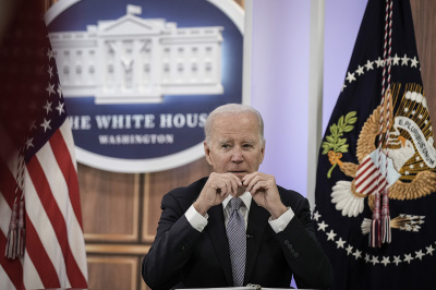 President Joe Biden participates in a virtual meeting of the Major Economies Forum (MEF) on Energy and Climate in the South Court Auditorium on the White House campus on April 20, 2023, in Washington, D.C. Countries that make up the MEF are responsible for roughly 80 percent of both global gross domestic product (GDP) and greenhouse gas emissions. 