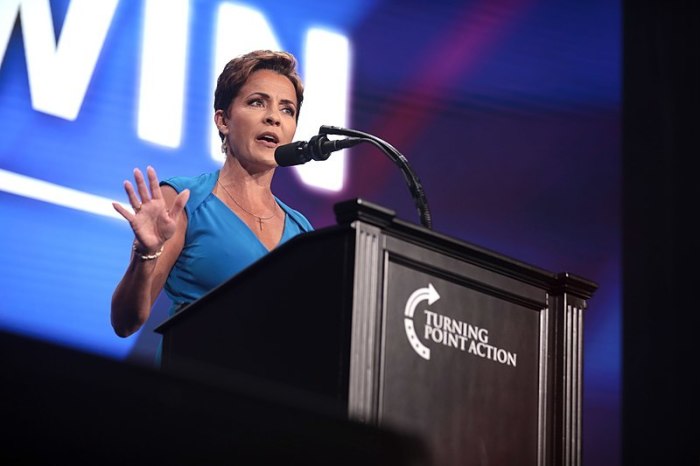 Kari Lake speaks with attendees at a 'Unite & Win Rally' at Arizona Financial Theatre in Phoenix, Arizona, on Aug. 14, 2022. 