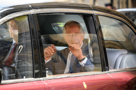 King Charles is seen as he leaves Westminster Abbey on May 03, 2023, in London, England. The Coronation of King Charles III and The Queen Consort will take place on May 6, part of a three-day celebration. 