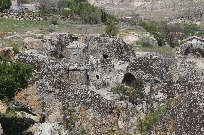 The top of a church carved out of rock in the ancient settlement of Kilistra near the village of Gökyurt in Konya, Turkey.