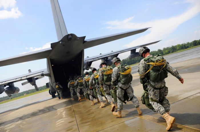 U.S. Army Rangers board a U.S. Air Force MC-130 Combat Talon II aircraft at Fort Benning, Georgia, before a Ranger Rendezvous 2009 mass tactical jump.