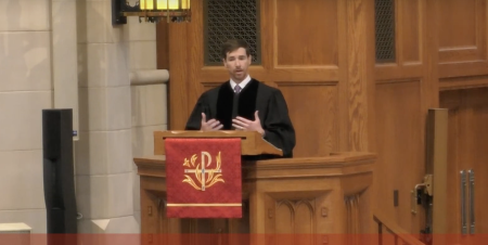 Pastor Chad Scruggs preaches at Covenant Presbyterian Church in Nashville, Tennessee, on May 14, 2023.