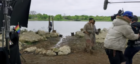 An LGBT pride flag appears on a production camera as filming for the fourth season of 'The Chosen' takes place. 