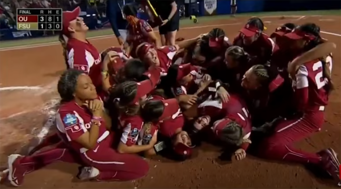 The University of Oklahoma softball team celebrates its championship victory on June 6, 2023. 