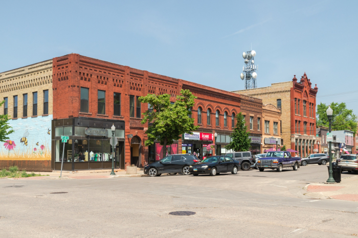 Cars drive on the streets of Fargo, North Dakota. 