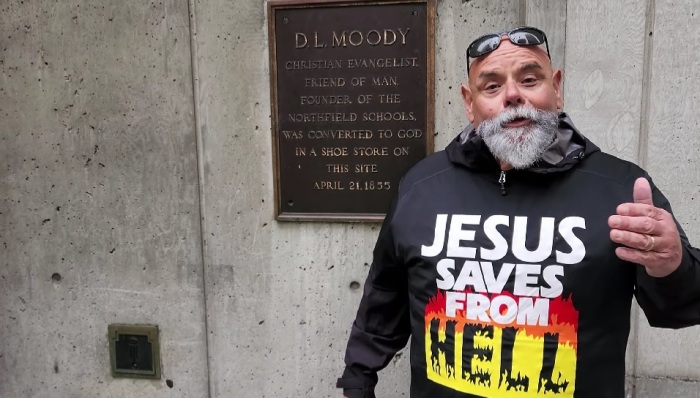 Street preacher Ruben Israel visits the D.L. Moody Shoe Store in Boston, Massachusetts, in a video posted to YouTube on May 2, 2023. 