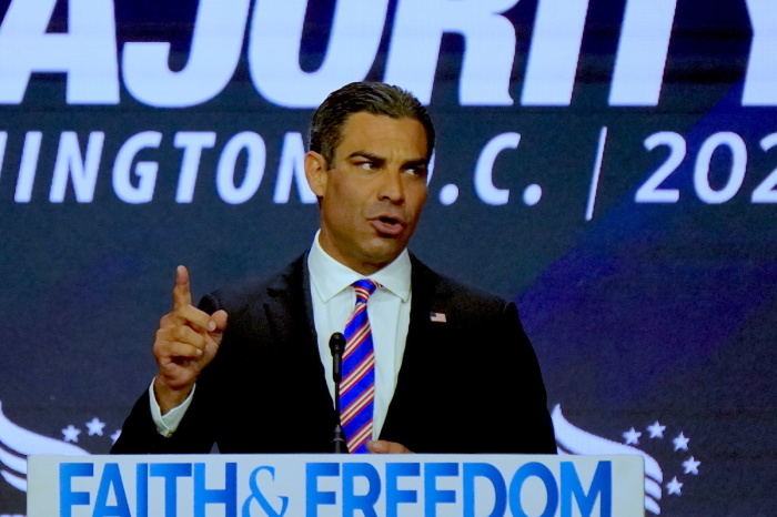 Miami mayor Francis Suarez delivers a speech at the Faith & Freedom Coalition's Road to Majority conference in Washington, D.C., June 23, 2023.