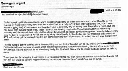 An aunt of a surrogate mother emails the Center for Bioethics and Culture for assistance amid a contentious surrogacy situation.