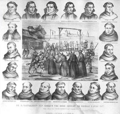 A 19th century depiction of the Martyrs of Gorkum, a group of Catholic priests who were executed by Dutch Protestants in 1572. 