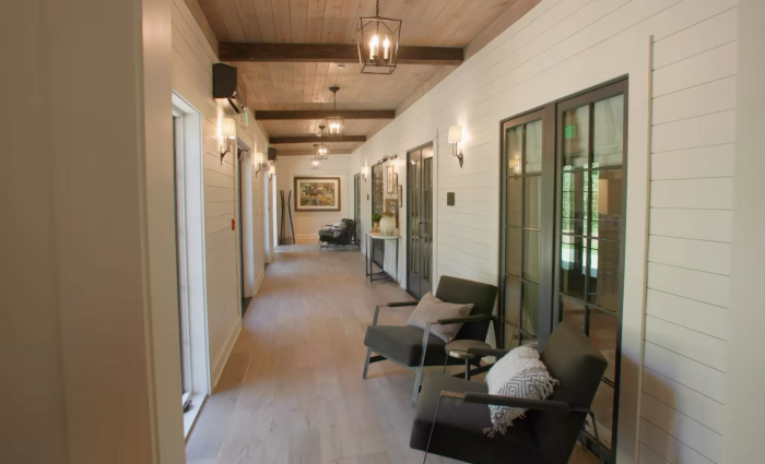 A hallway inside the Church of the Highland's The Lodge at Grants Mill in Alabama.