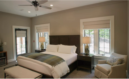 A bedroom inside The The Lodge at Grants Mill was built by the Church of the Highlands in Alabama. 