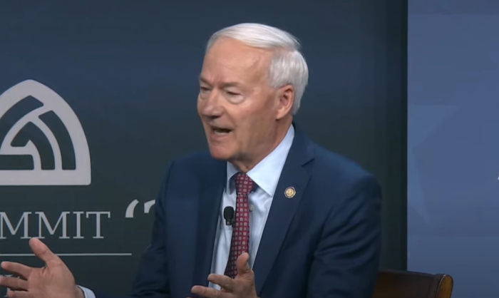 Republican presidential candidate Asa Hutchinson speaks at the Family Leadership Summit in Des Moines, Iowa, July 14, 2023. 