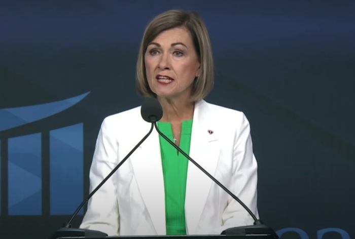 Iowa Gov. Kim Reynolds addresses the Family Leadership Summit shortly before signing a heartbeat abortion ban into law on Friday, July 14, 2023. 