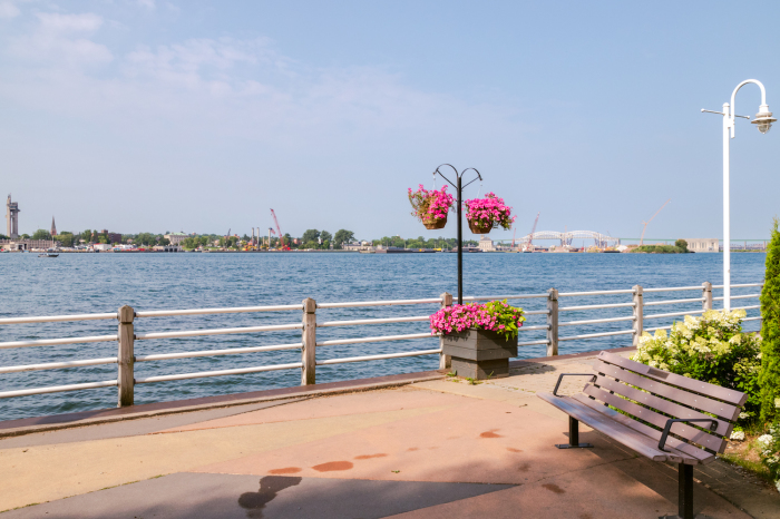 The view across the St. Mary’s River toward Sault Ste. Marie, Michigan, from Sault Ste. Marie, Ontario. 