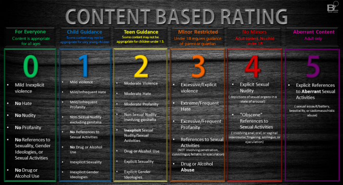 The website Booklooks.org outlines the criteria it uses when assigning a rating of 0-5 to a particular book based on the amount of mature content it contains. 