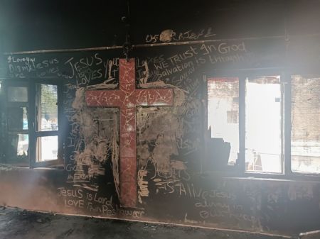 The charred building of the Salvation Army Church burned on August 16, 2023, in Jaranwala, Pakistan. 