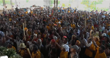 Hundreds of members of the Evangelical Church of the Pool of Bethesda in Caradeux, Haiti, protested gangs on August 26, 2023.